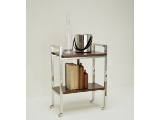 Chrome and Walnut Small End Table with Casters