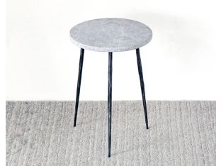 Tall Gray Marble End Table With Hammered Steel Base